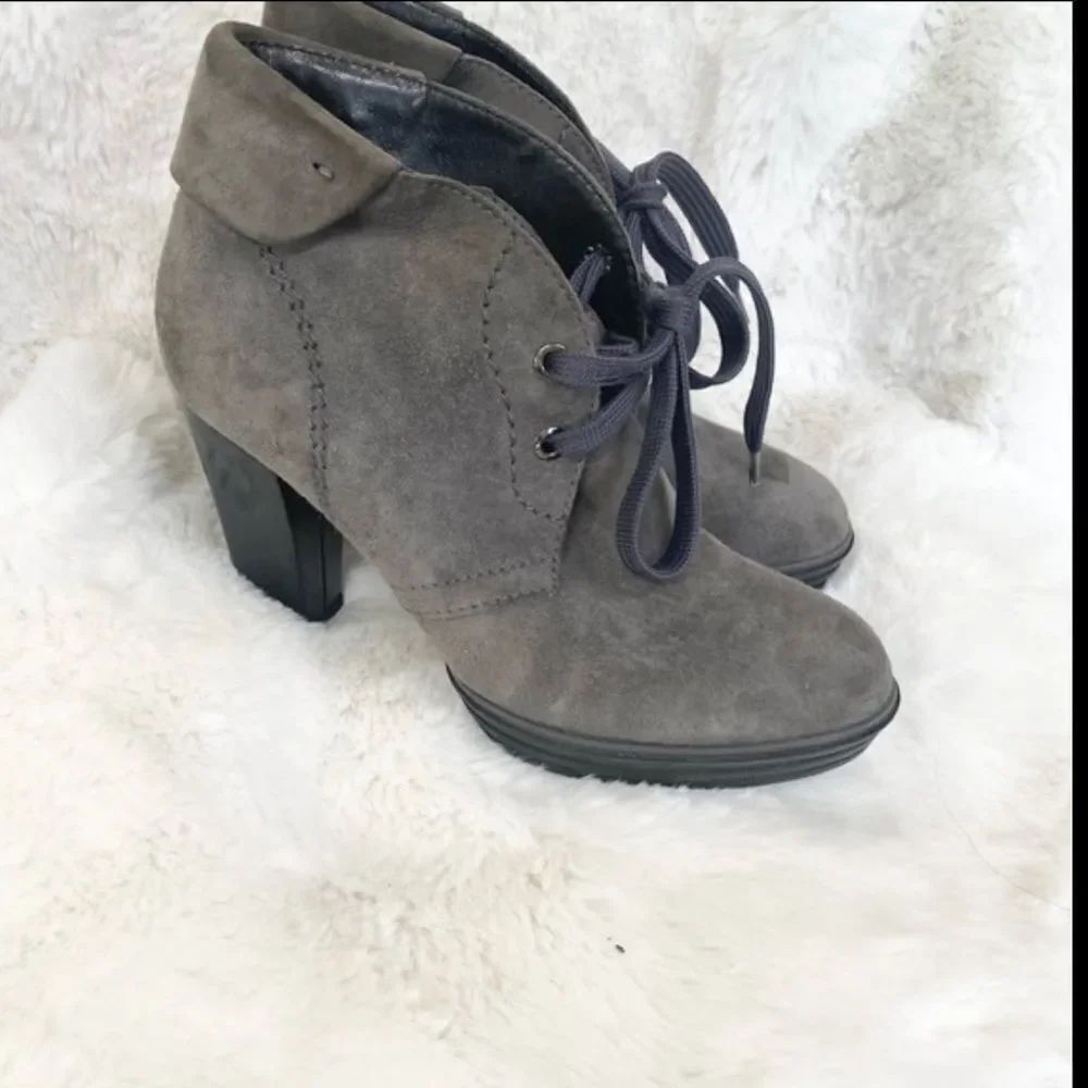Hogan Taupe Grey Suede Leather Lace-Up High Heel Ankle Booties EUR 35 US 5